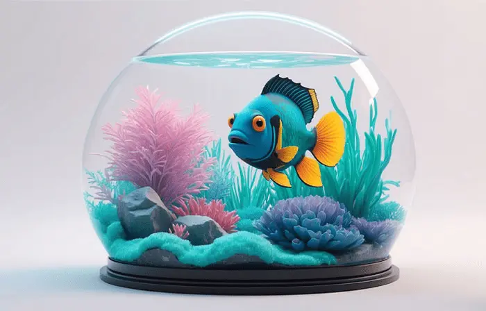 Round Crystal Pot with Fish 3D Character Design Illustration image